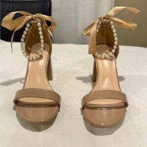 Elegant Tan Pearl-Embellished Women's Heels